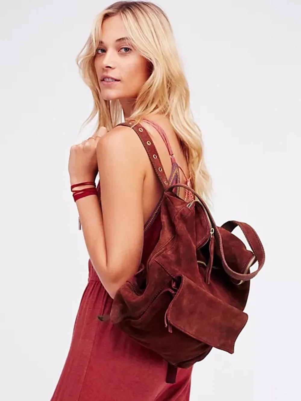 Free People Mahogany Suede Leather Backpack